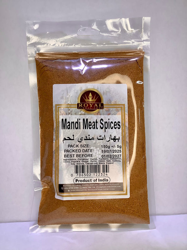 Packaged mandi meat spices with a clear label on a white background