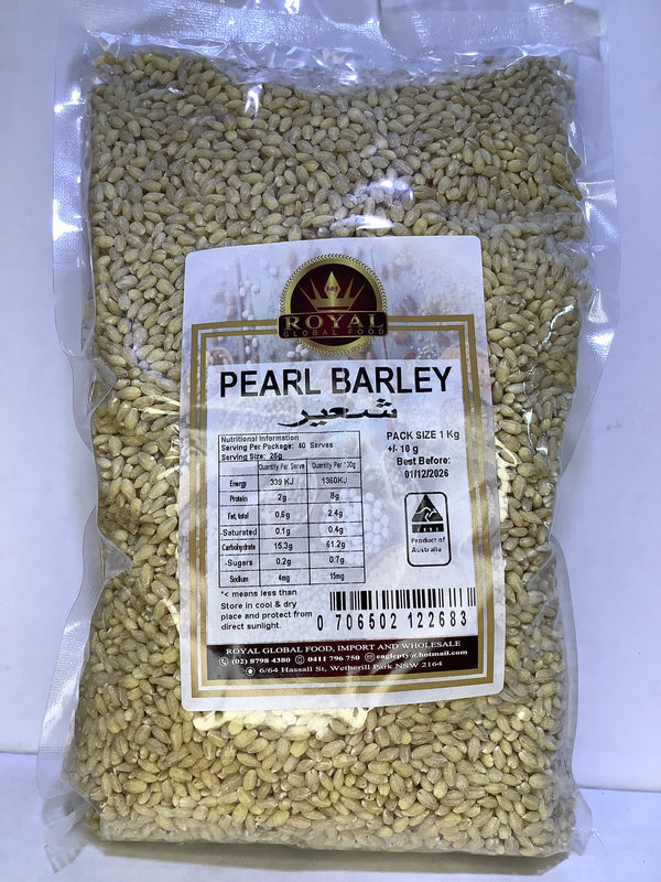 Packaged pearl barley with a label on a white background