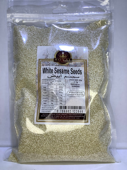 Packaged white sesame seeds with a label on a white background